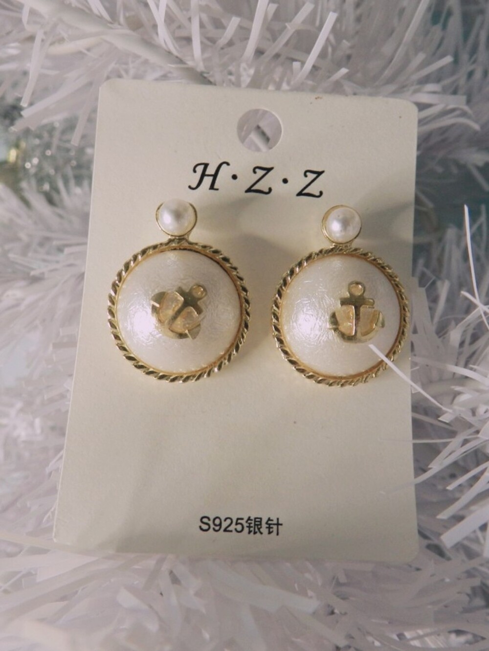 White and Gold Anchor Button Earrings